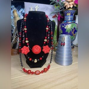 Handmade faux cinnabar w/ red freshwater pearls and coral three strand necklace
